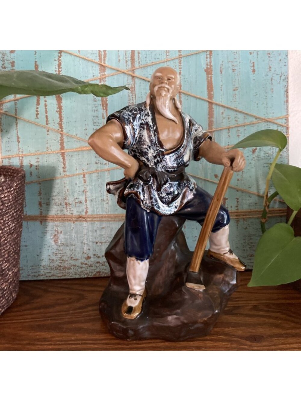 VTG Shiwan Chinese Mudman Figurine Glazed Ceramic Art Pottery Woodcutter